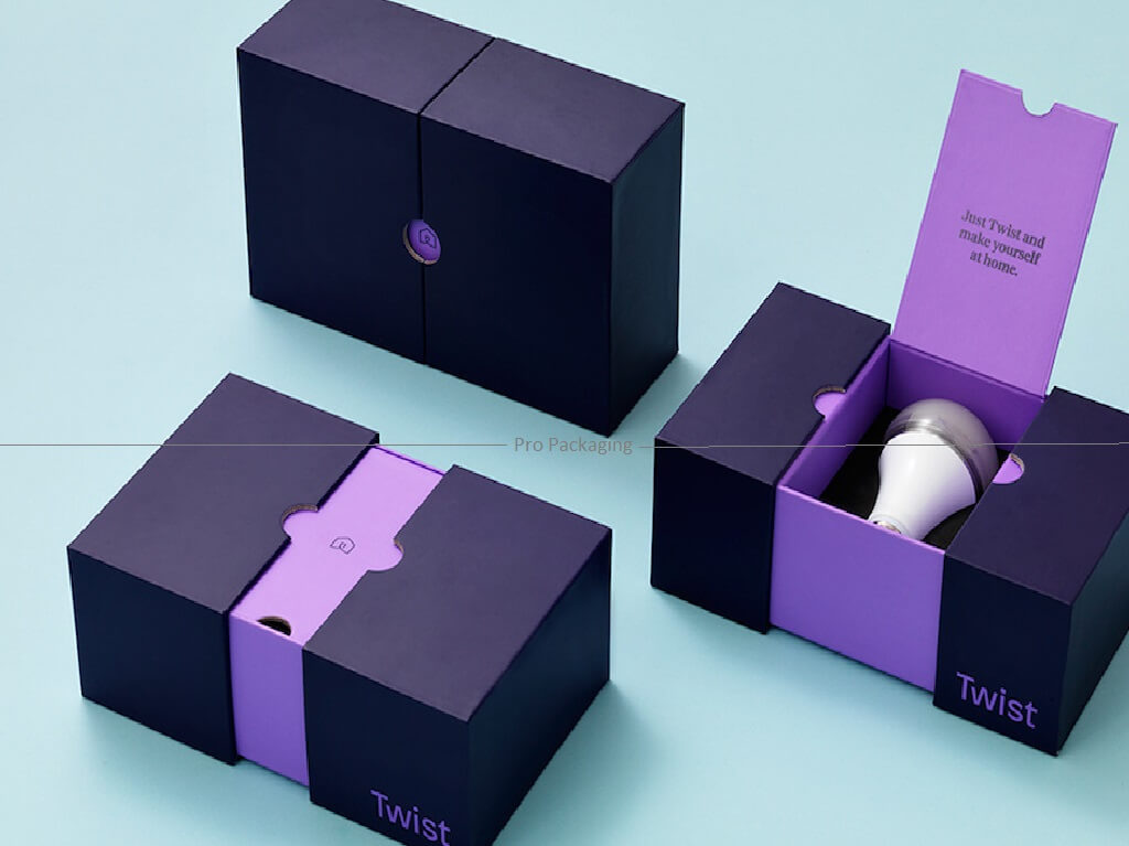 Custom electronic packaging with innovative design and branding.