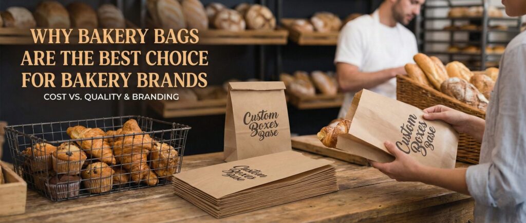 Custom bakery bags on a wooden counter with text Why Bakery Bags Are the Best Choice