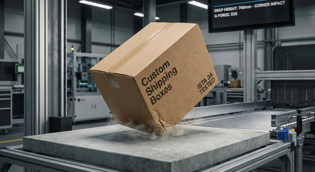 custom shipping boxes, ISTA 3A testing, 32 ECT shipping box, drop test standards, corrugated impact resistance, shipping box durability