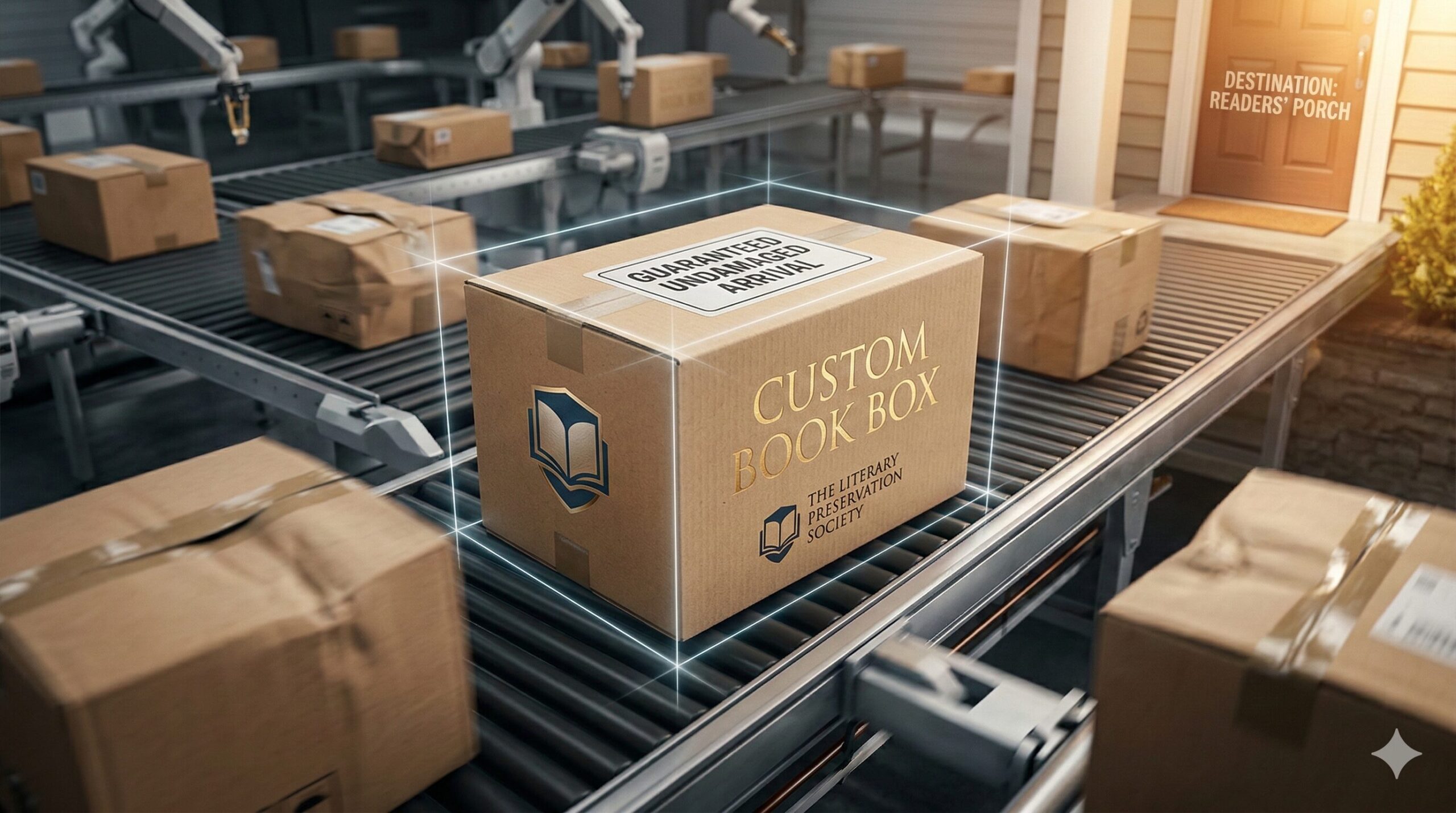 shipping custom book boxes on a conveyer belt